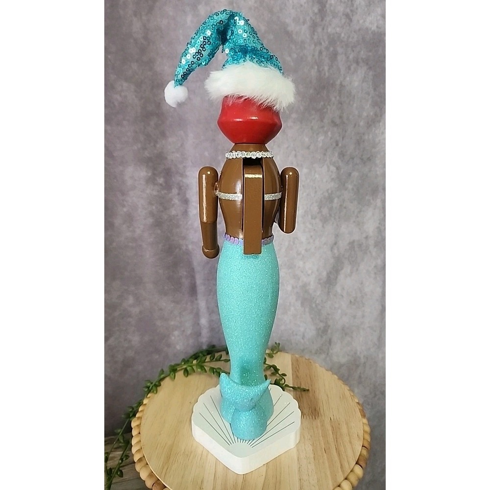 Mermaid Nutcracker African American Coastal Aqua Blue Santa Hat 15" Christmas - Picture 6 of 7